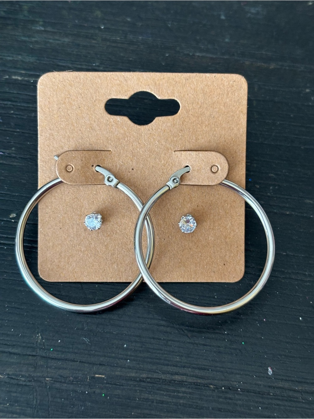 Stainless Steel Silver Tone Hoop Earrings with Cubic Zirconia Studs